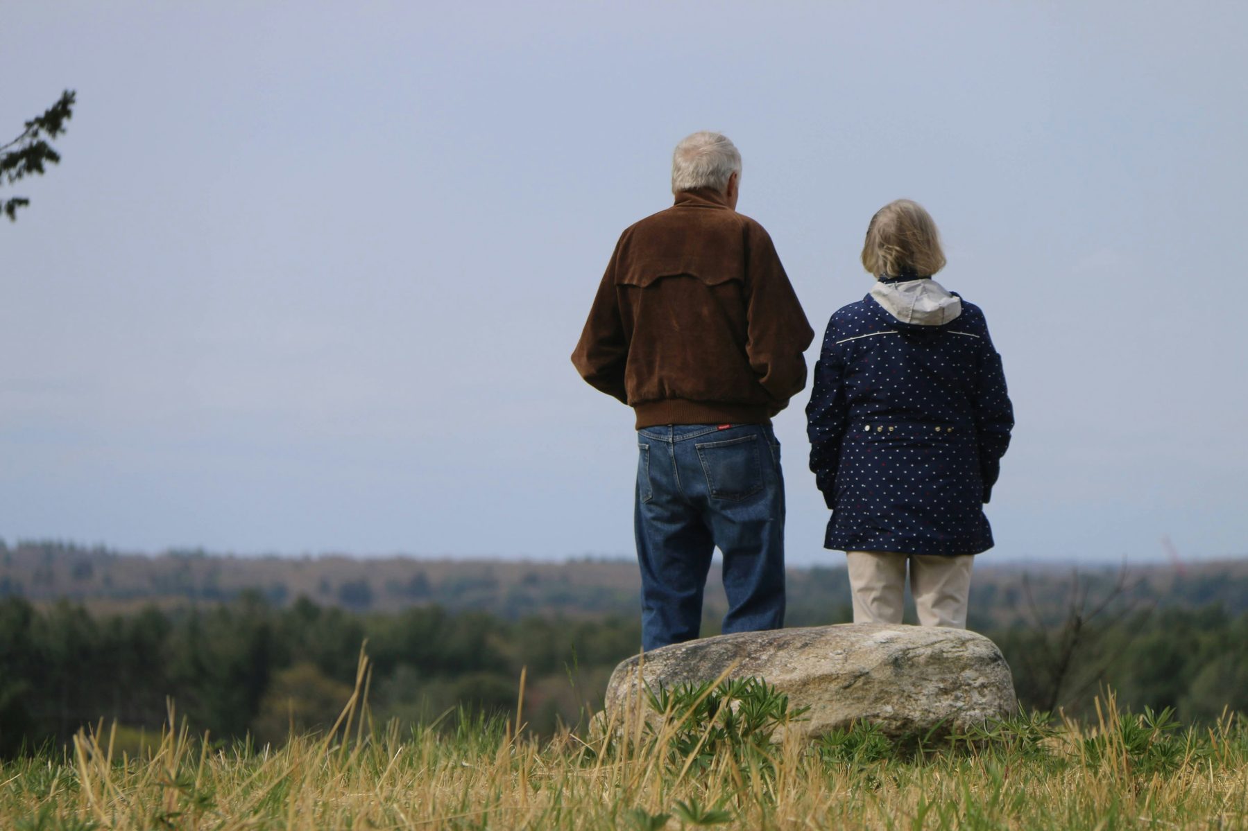 Senior couple standing together looking out over a field